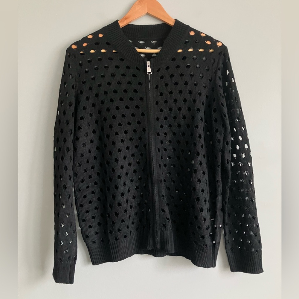 UNBRANDED Black Open Knit Zipper Front Crewneck Sweater Size XS (Like a S-M) - Picture 2 of 10